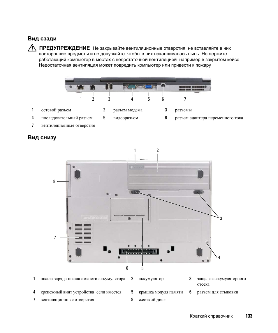 Вид сзади, Вид снизу, Сзади | Снизу | Dell Latitude D630C (Late 2008) User Manual | Page 133 / 168