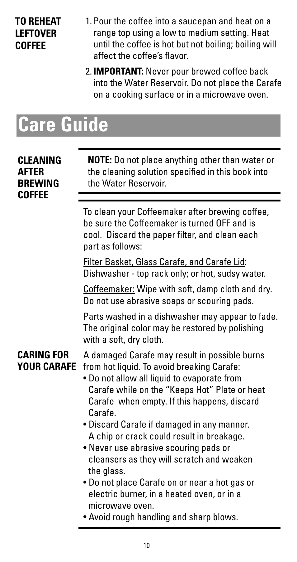 Care guide | Black & Decker DCM912BK User Manual | Page 10 / 16