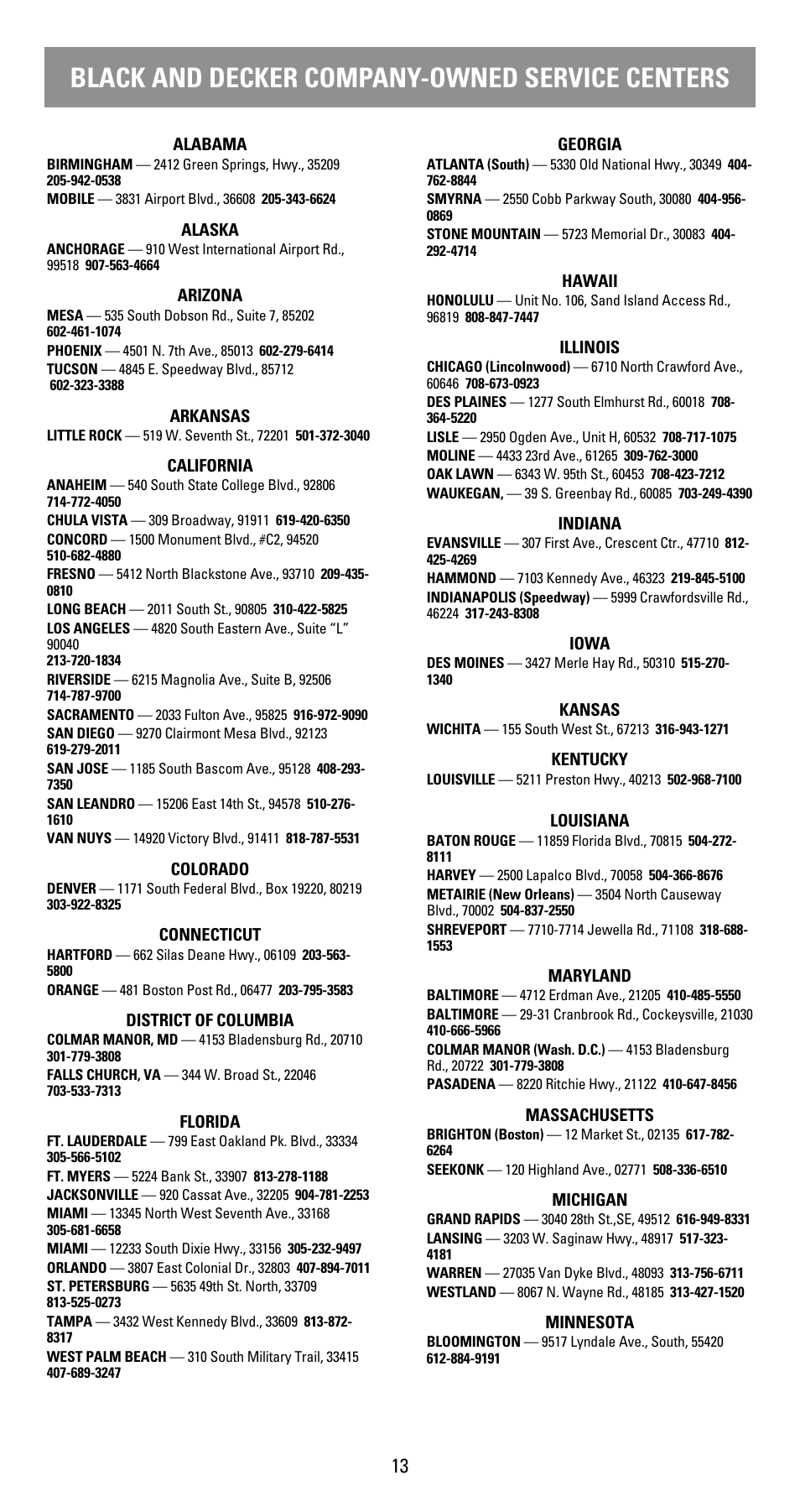 Service centers, Black and decker company-owned service centers | Black & Decker DCM912BK User Manual | Page 13 / 16