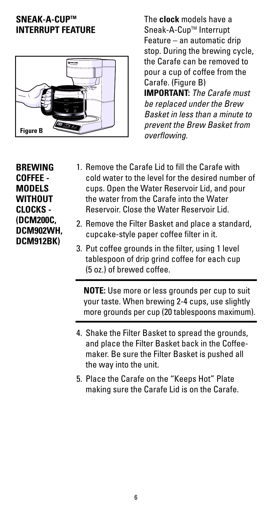 Sneak-a-cup, Interrupt feature | Black & Decker DCM912BK User Manual | Page 6 / 16