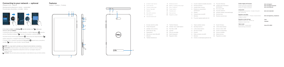 Features, Connecting to your network — optional | Dell Venue 8 Pro (3845, Late 2014) User Manual | Page 2 / 2