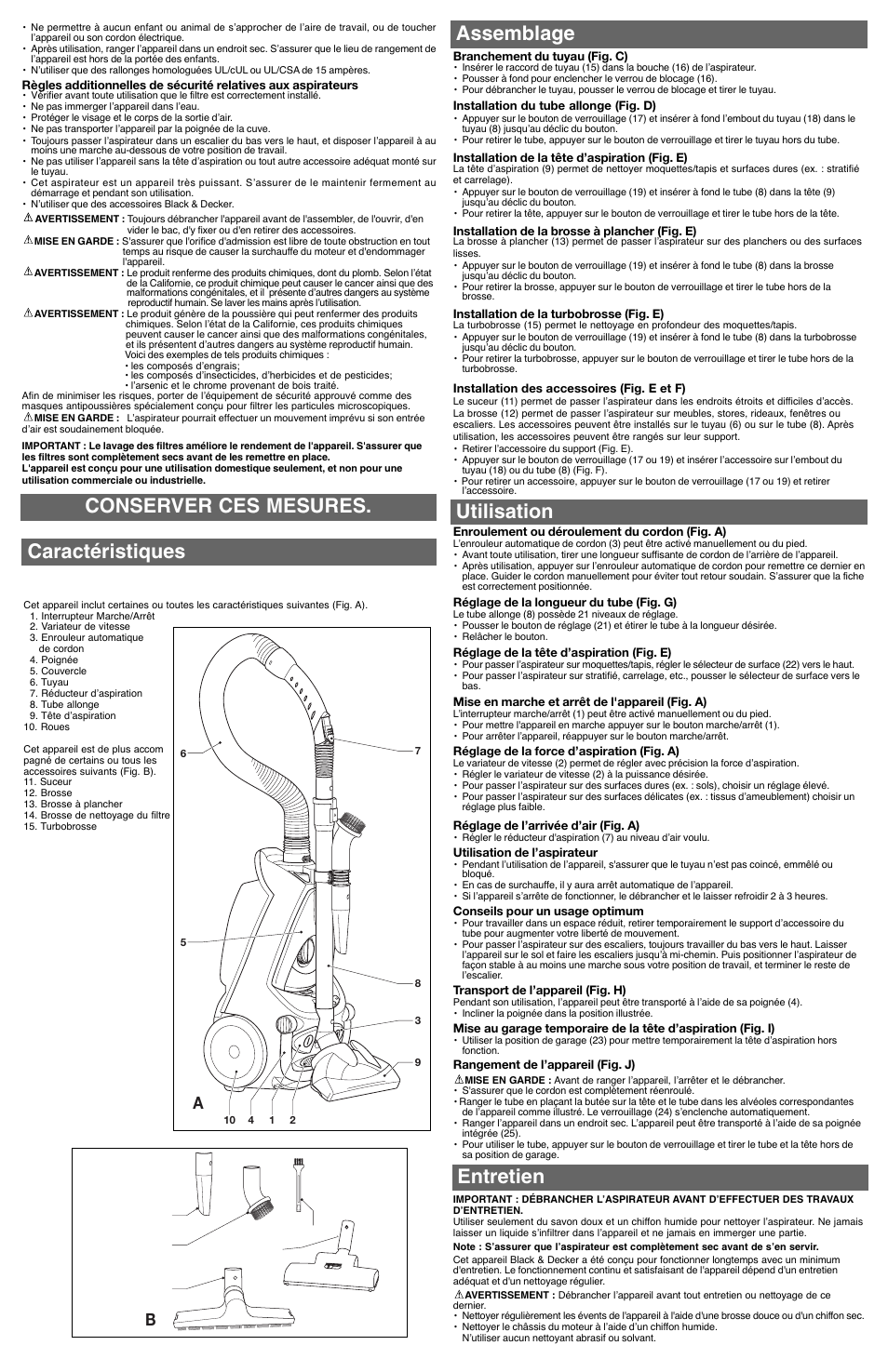 Assemblage, Utilisation, Entretien conserver ces mesures. caractéristiques | Black & Decker 586737-03 User Manual | Page 4 / 7