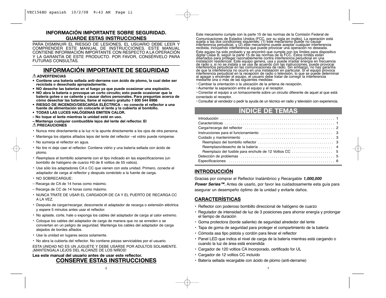 Índice de temas, Información importante de seguridad, Conserve estas instrucciones | Black & Decker VEC156BD User Manual | Page 10 / 12