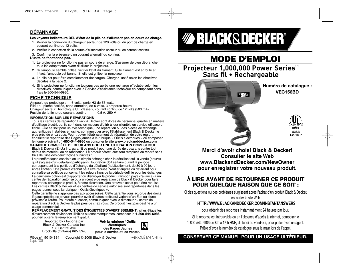 Mode d’emploi, Sans fil • rechargeable | Black & Decker VEC156BD User Manual | Page 5 / 12