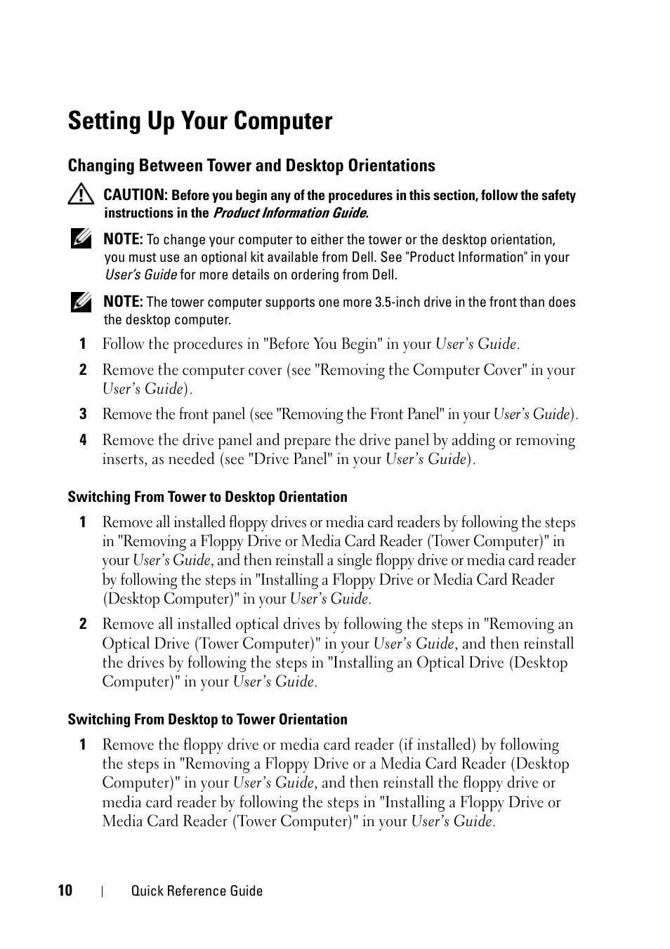 Setting up your computer, Changing between tower and desktop orientations | Dell Precision T5400 (Late 2007) User Manual | Page 10 / 340