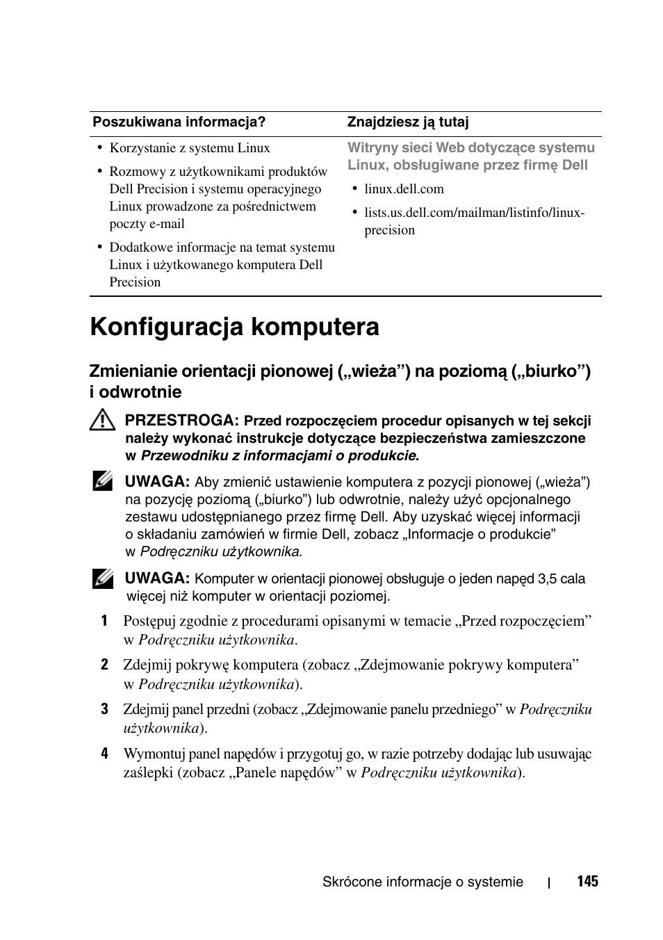 Konfiguracja komputera, Zmienianie orientacji pionowej („wie, Ża”) | Na poziom, Ą („biurko”) i odwrotnie | Dell Precision T5400 (Late 2007) User Manual | Page 145 / 340