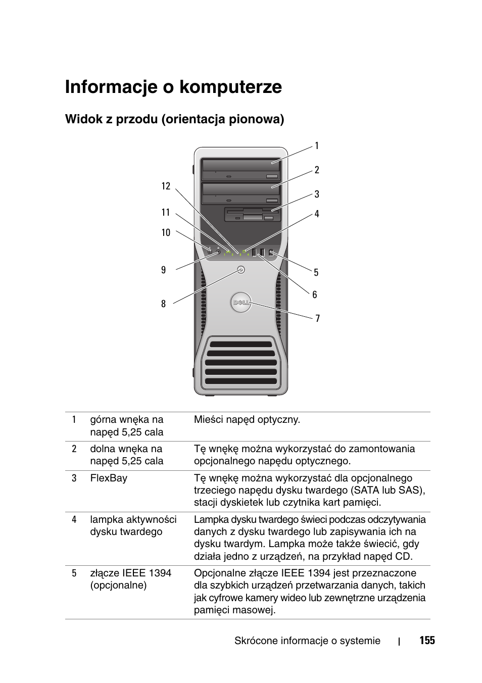 Informacje o komputerze, Widok z przodu (orientacja pionowa) | Dell Precision T5400 (Late 2007) User Manual | Page 155 / 340
