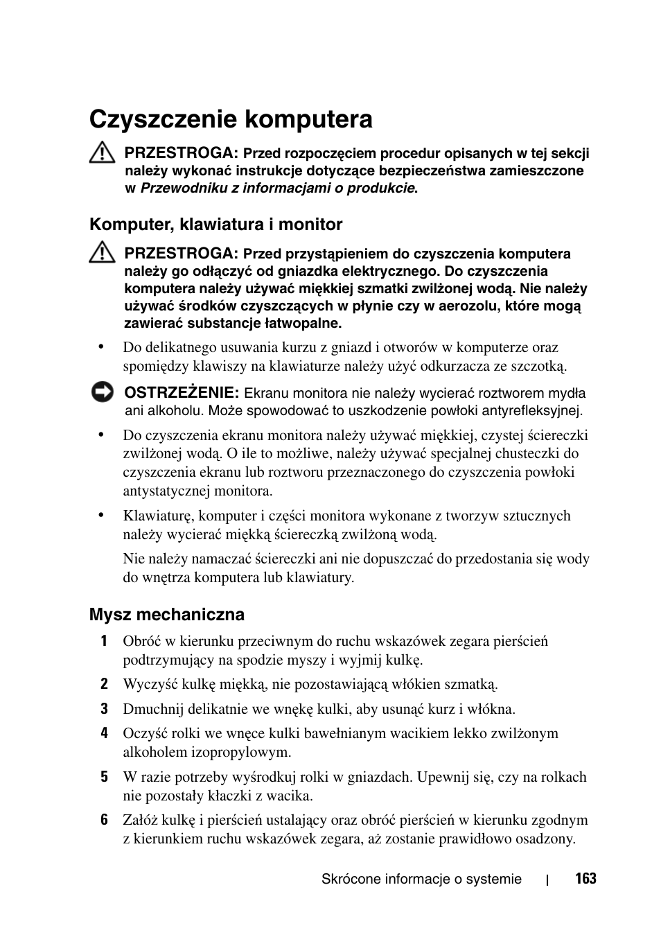Czyszczenie komputera, Komputer, klawiatura i monitor, Mysz mechaniczna | Dell Precision T5400 (Late 2007) User Manual | Page 163 / 340