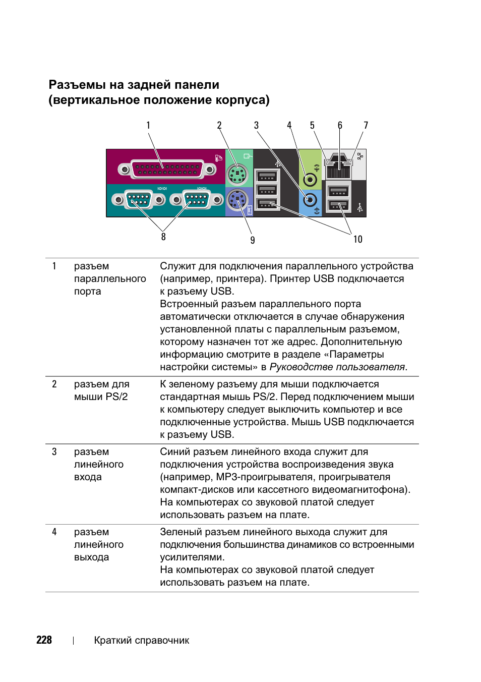 Разъемы на задней панели, Вертикальное положение корпуса) | Dell Precision T5400 (Late 2007) User Manual | Page 228 / 340