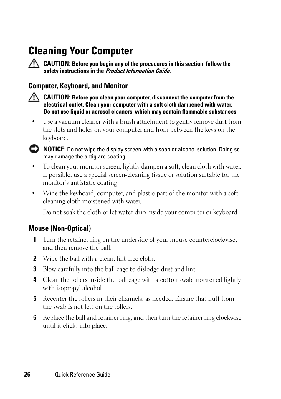 Cleaning your computer, Computer, keyboard, and monitor, Mouse (non-optical) | Dell Precision T5400 (Late 2007) User Manual | Page 26 / 340