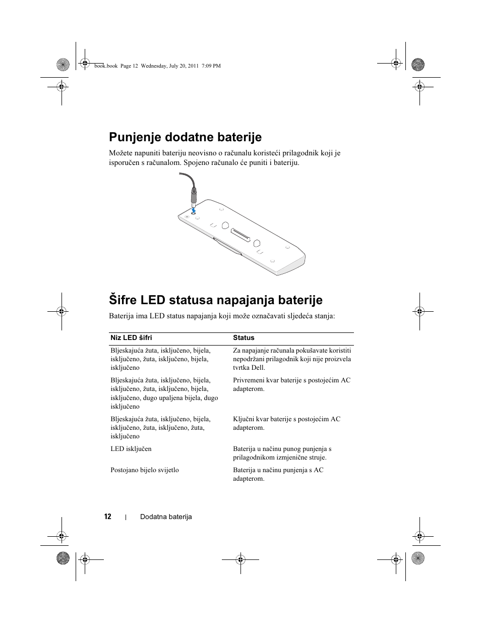 Punjenje dodatne baterije, Šifre led statusa napajanja baterije | Dell Latitude XT3 (Mid 2011) User Manual | Page 14 / 96