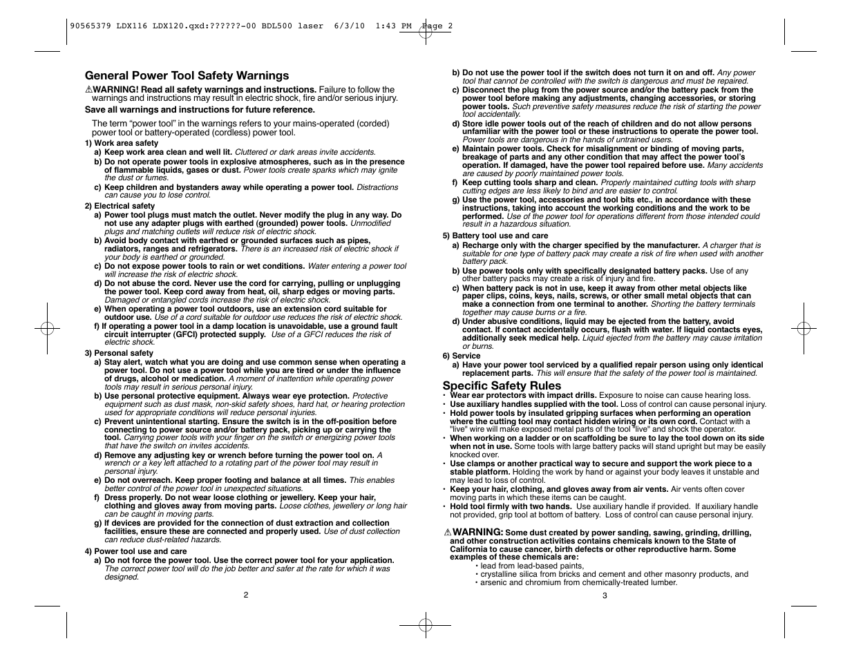 General power tool safety warnings, Specific safety rules | Black & Decker LDX116 User Manual | Page 2 / 21