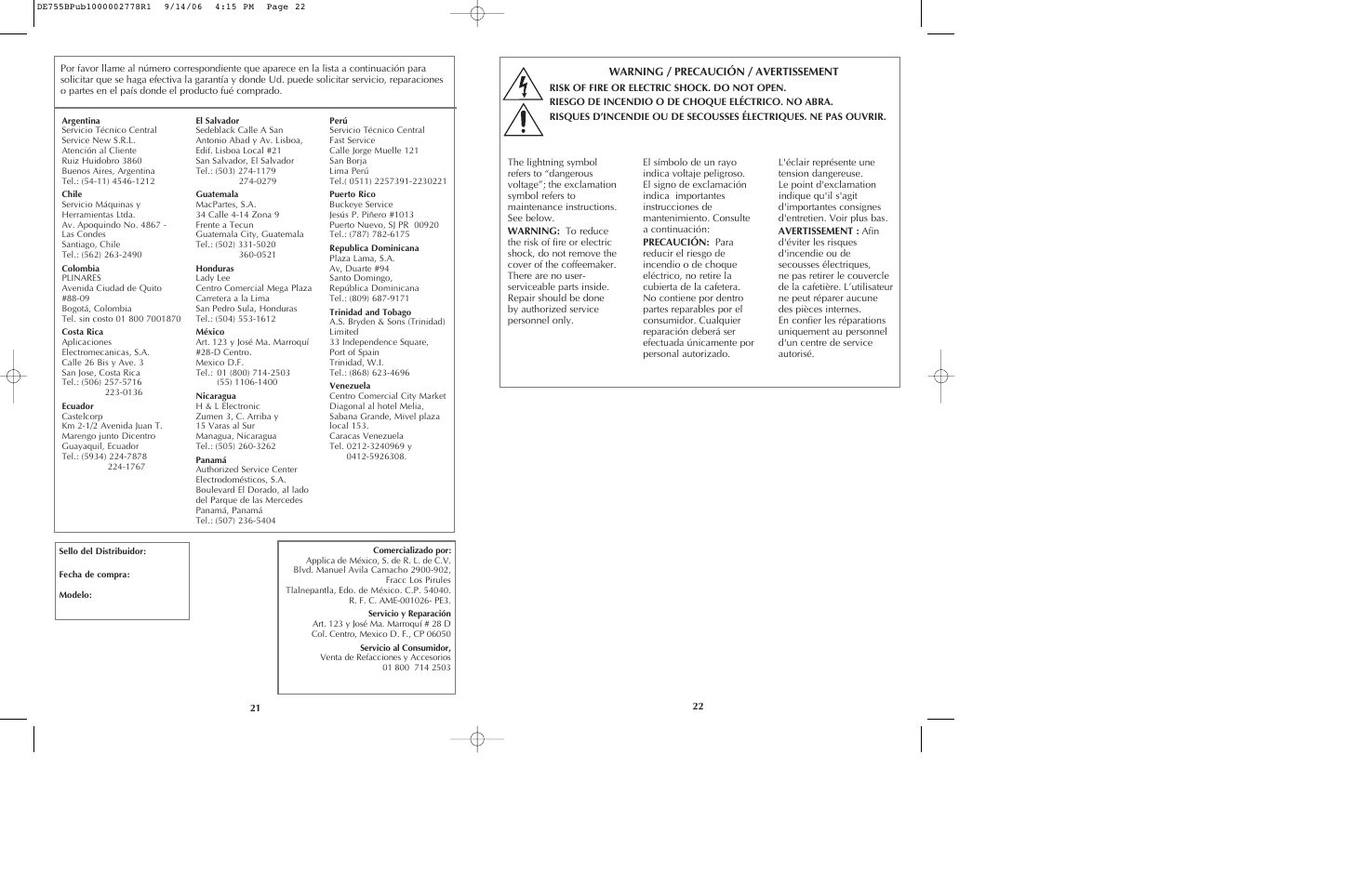 Warning / precaución / avertissement | Black & Decker DE755B User Manual | Page 12 / 13