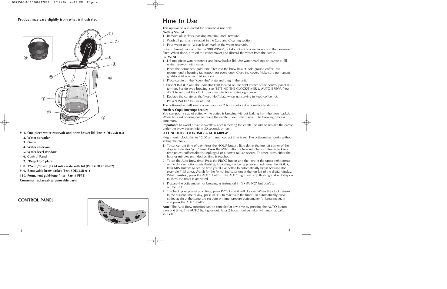 How to use, Control panel | Black & Decker DE755B User Manual | Page 3 / 13