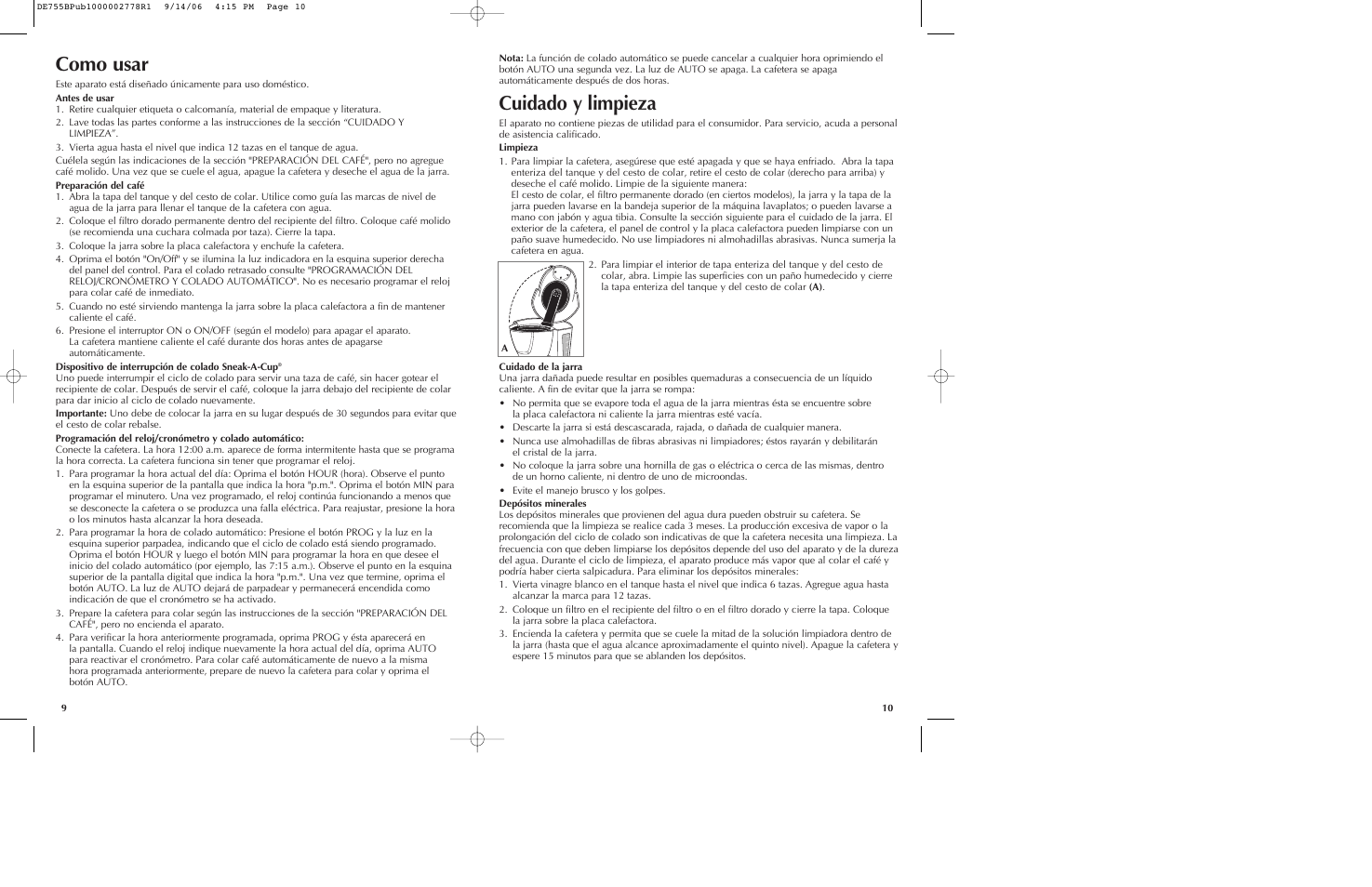 Como usar, Cuidado y limpieza | Black & Decker DE755B User Manual | Page 6 / 13