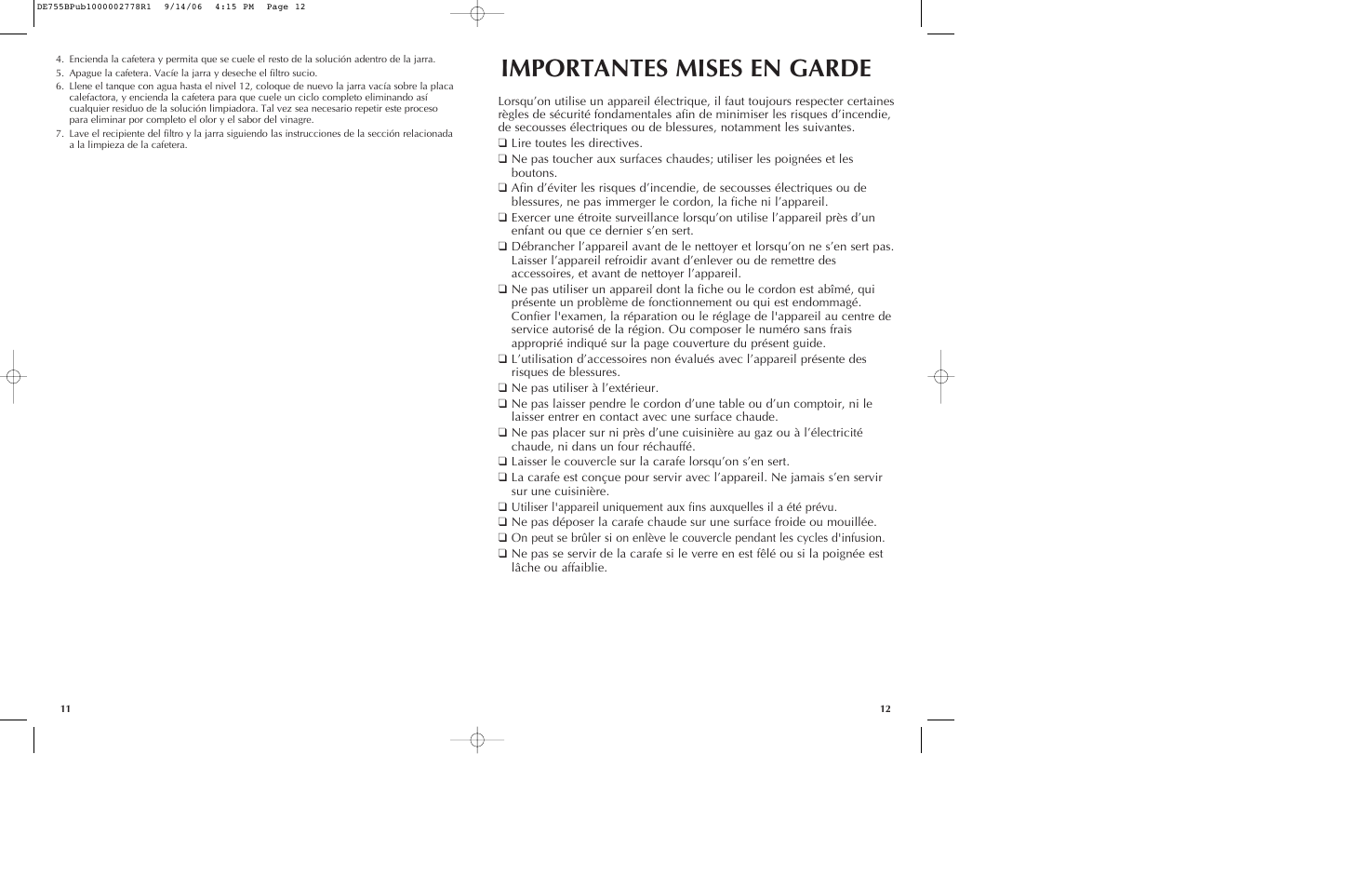 Importantes mises en garde | Black & Decker DE755B User Manual | Page 7 / 13