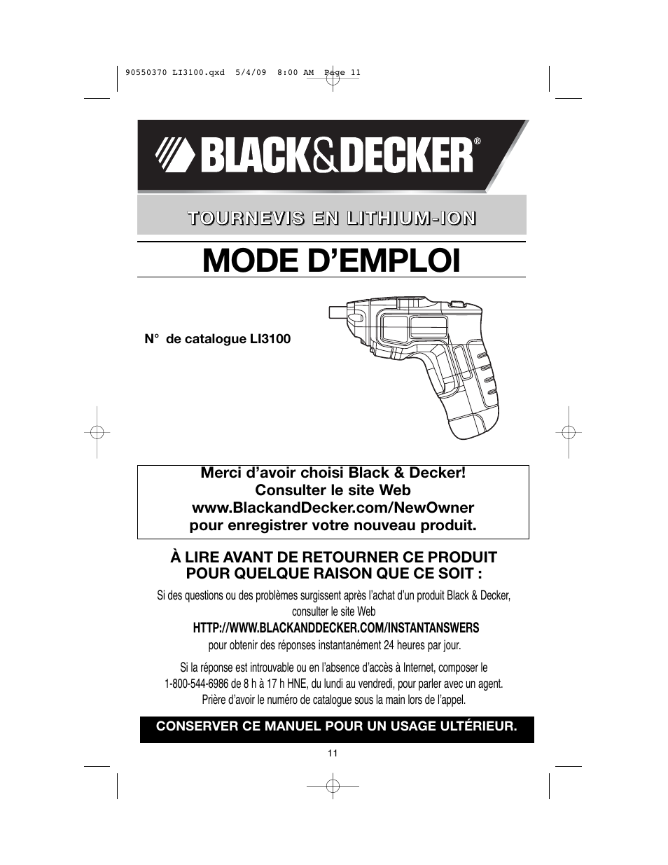 Mode d’emploi | Black & Decker LI3100 User Manual | Page 11 / 32