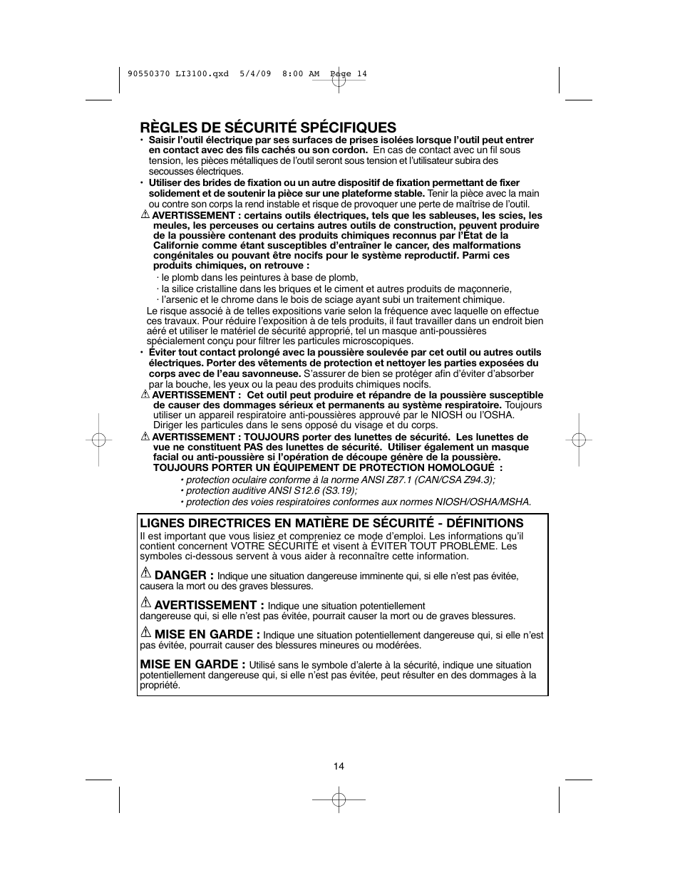 Règles de sécurité spécifiques | Black & Decker LI3100 User Manual | Page 14 / 32