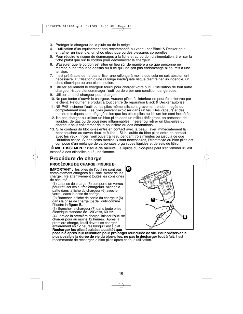 Procédure de charge | Black & Decker LI3100 User Manual | Page 16 / 32