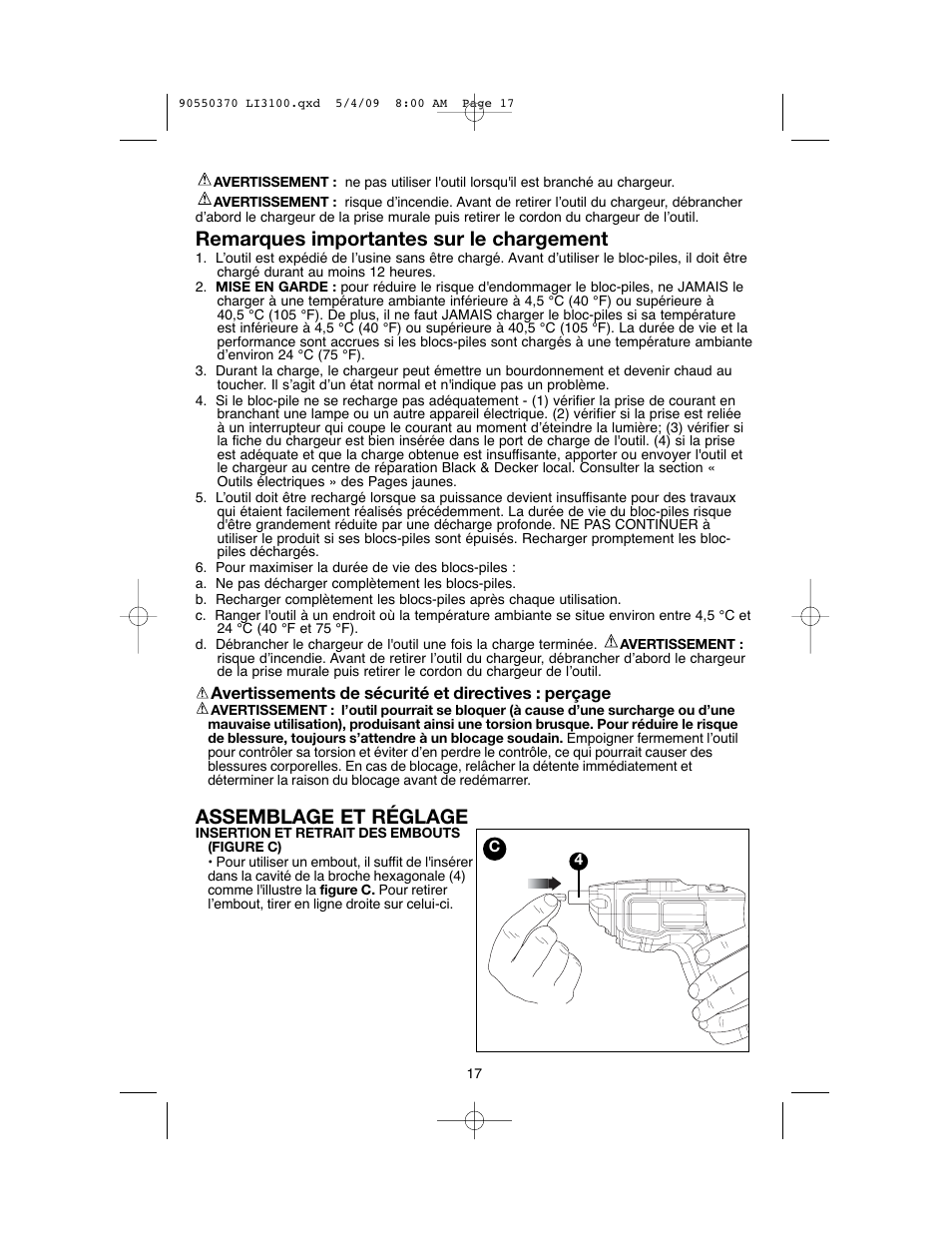 Remarques importantes sur le chargement, Assemblage et réglage | Black & Decker LI3100 User Manual | Page 17 / 32