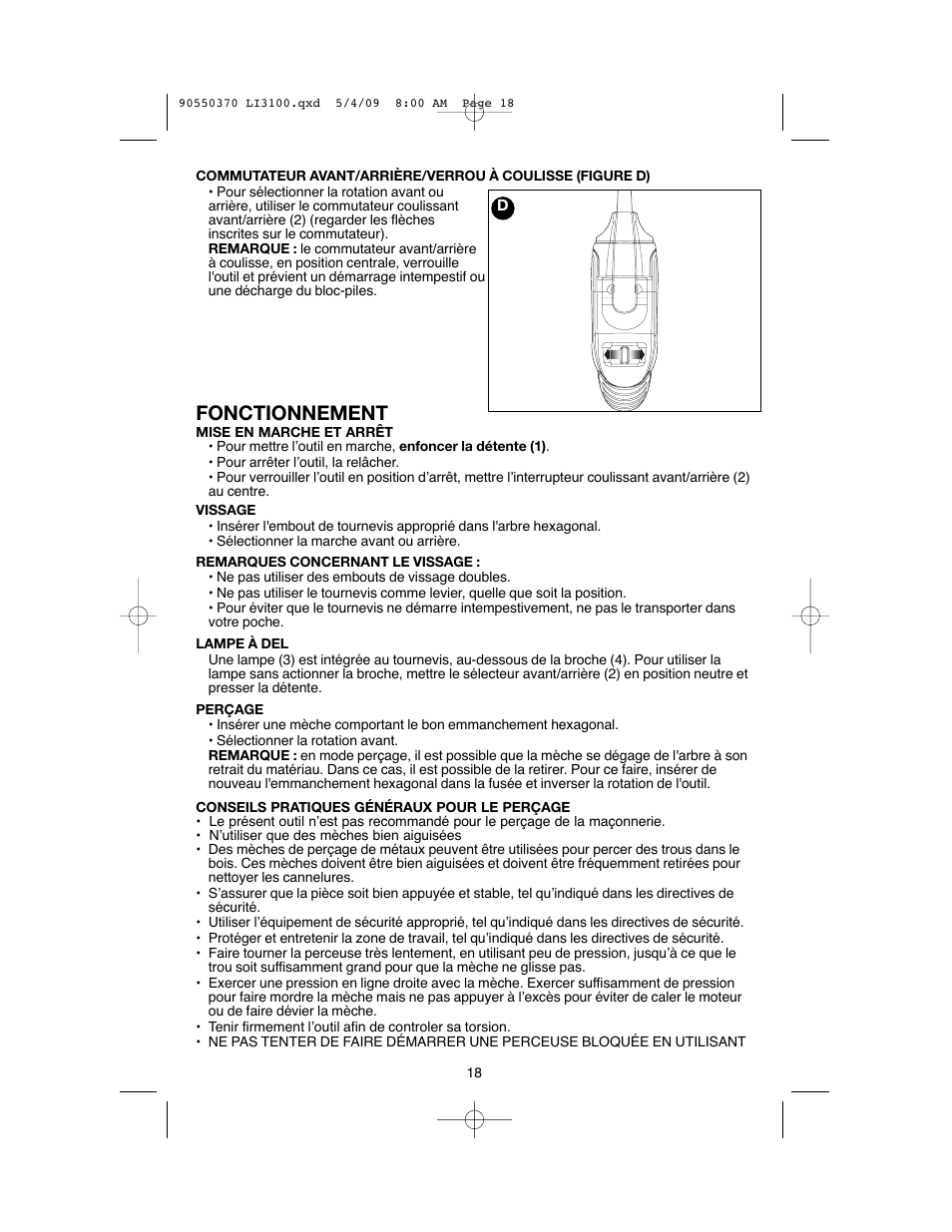 Fonctionnement | Black & Decker LI3100 User Manual | Page 18 / 32