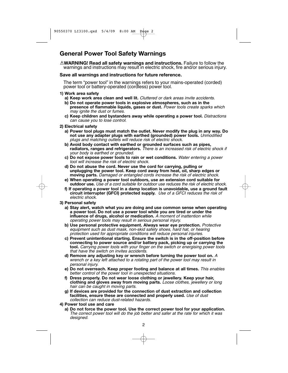 General power tool safety warnings | Black & Decker LI3100 User Manual | Page 2 / 32