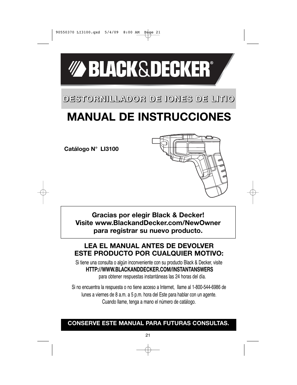 Manual de instrucciones | Black & Decker LI3100 User Manual | Page 21 / 32