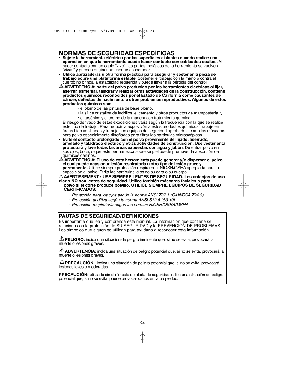 Normas de seguridad específicas | Black & Decker LI3100 User Manual | Page 24 / 32