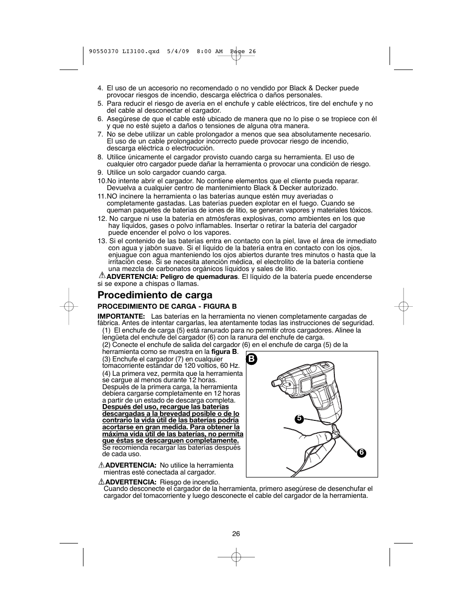 Procedimiento de carga | Black & Decker LI3100 User Manual | Page 26 / 32