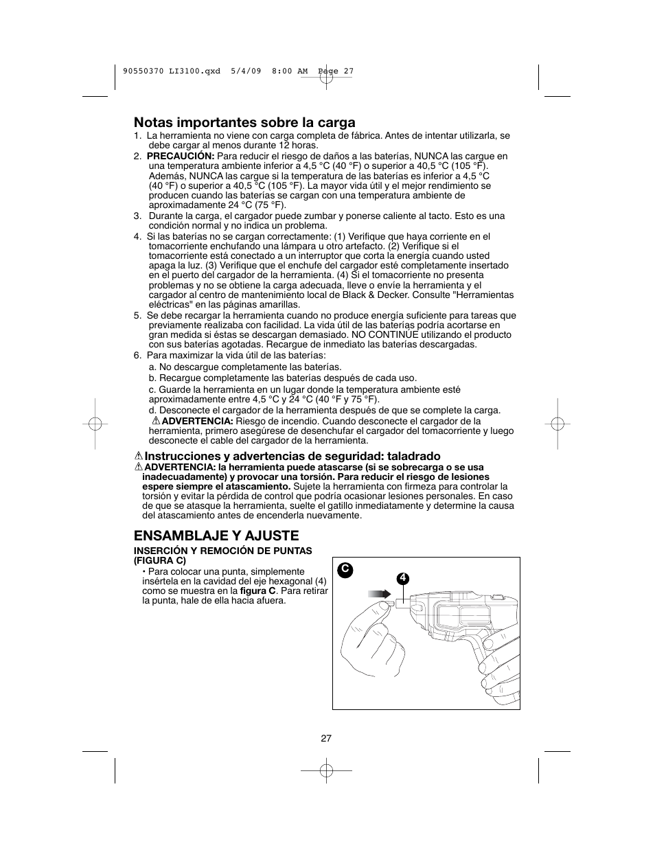 Notas importantes sobre la carga, Ensamblaje y ajuste | Black & Decker LI3100 User Manual | Page 27 / 32