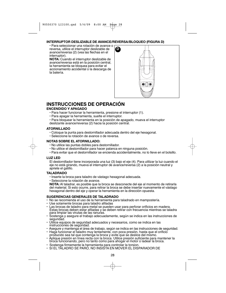 Instrucciones de operación | Black & Decker LI3100 User Manual | Page 28 / 32
