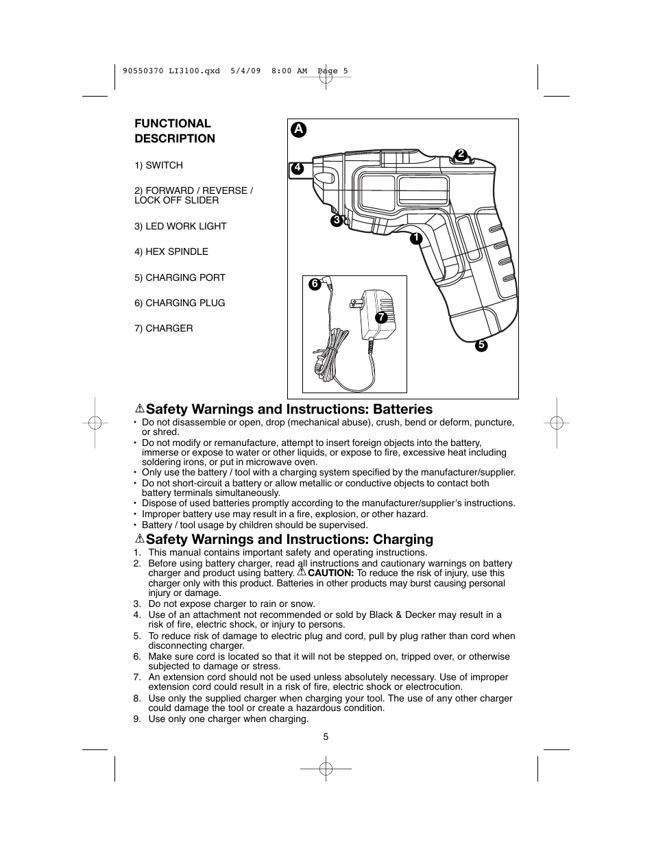 Safety warnings and instructions: batteries, Safety warnings and instructions: charging | Black & Decker LI3100 User Manual | Page 5 / 32