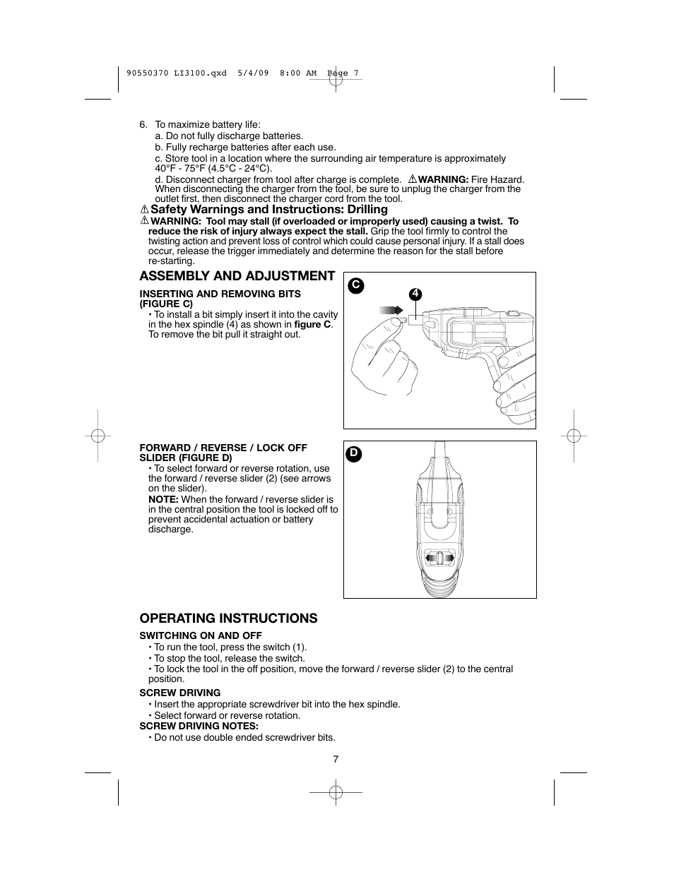 Assembly and adjustment, Operating instructions | Black & Decker LI3100 User Manual | Page 7 / 32