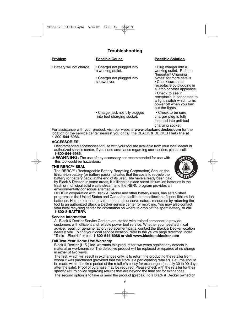 Black & Decker LI3100 User Manual | Page 9 / 32