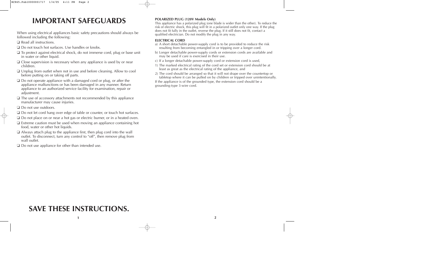 Important safeguards save these instructions | Black & Decker RC865 User Manual | Page 2 / 15