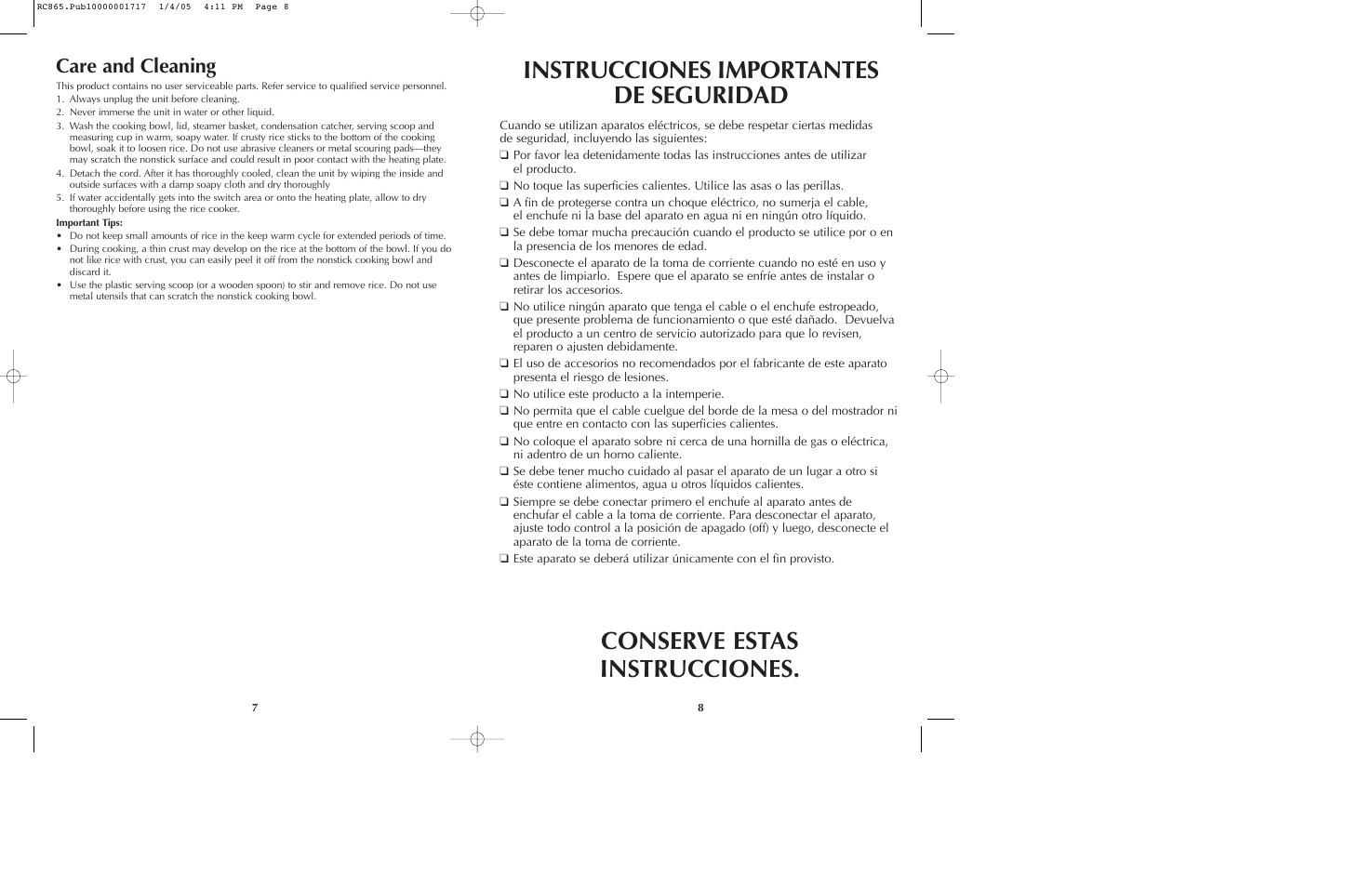 Instrucciones importantes de seguridad, Conserve estas instrucciones, Care and cleaning | Black & Decker RC865 User Manual | Page 5 / 15