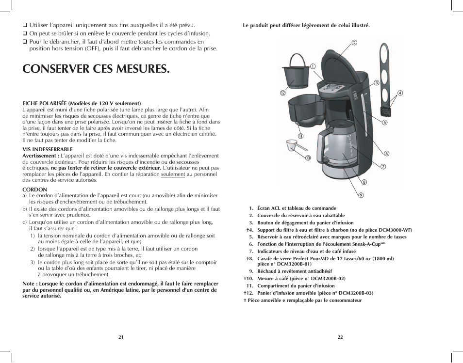 Conserver ces mesures, Coffee, Wat er | Basket, Ma x | Black & Decker DCM3250B User Manual | Page 12 / 19