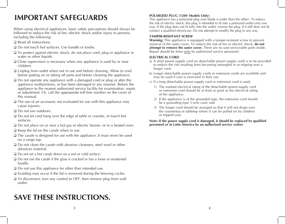 Important safeguards, Save these instructions | Black & Decker DCM3250B User Manual | Page 2 / 19