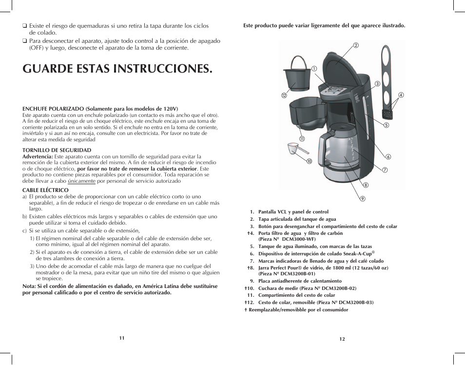 Guarde estas instrucciones, Coffee, Wat er | Basket, Ma x | Black & Decker DCM3250B User Manual | Page 7 / 19