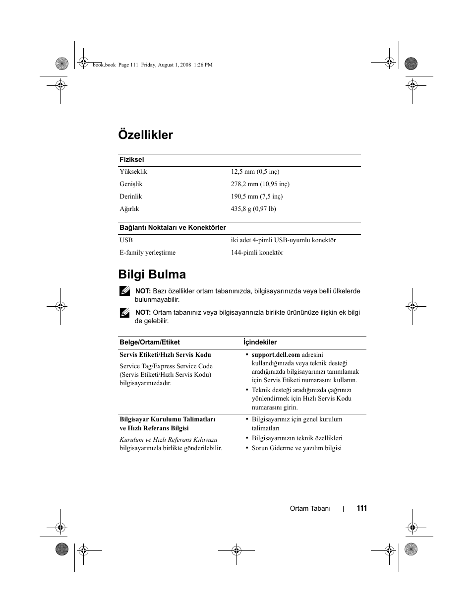 Özellikler, Bilgi bulma, Özellikler bilgi bulma | Dell Latitude E4200 (Late 2008) User Manual | Page 113 / 124