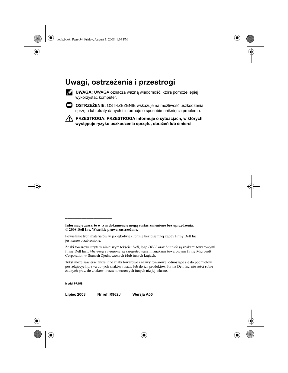 Uwagi, ostrzeżenia i przestrogi | Dell Latitude E4200 (Late 2008) User Manual | Page 56 / 124