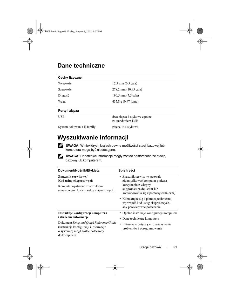 Dane techniczne, Wyszukiwanie informacji, Dane techniczne wyszukiwanie informacji | Dell Latitude E4200 (Late 2008) User Manual | Page 63 / 124