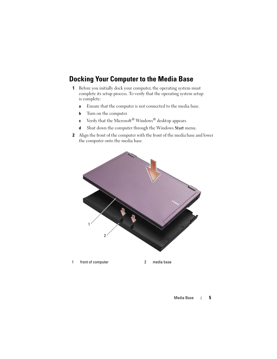 Docking your computer to the media base | Dell Latitude E4200 (Late 2008) User Manual | Page 7 / 124