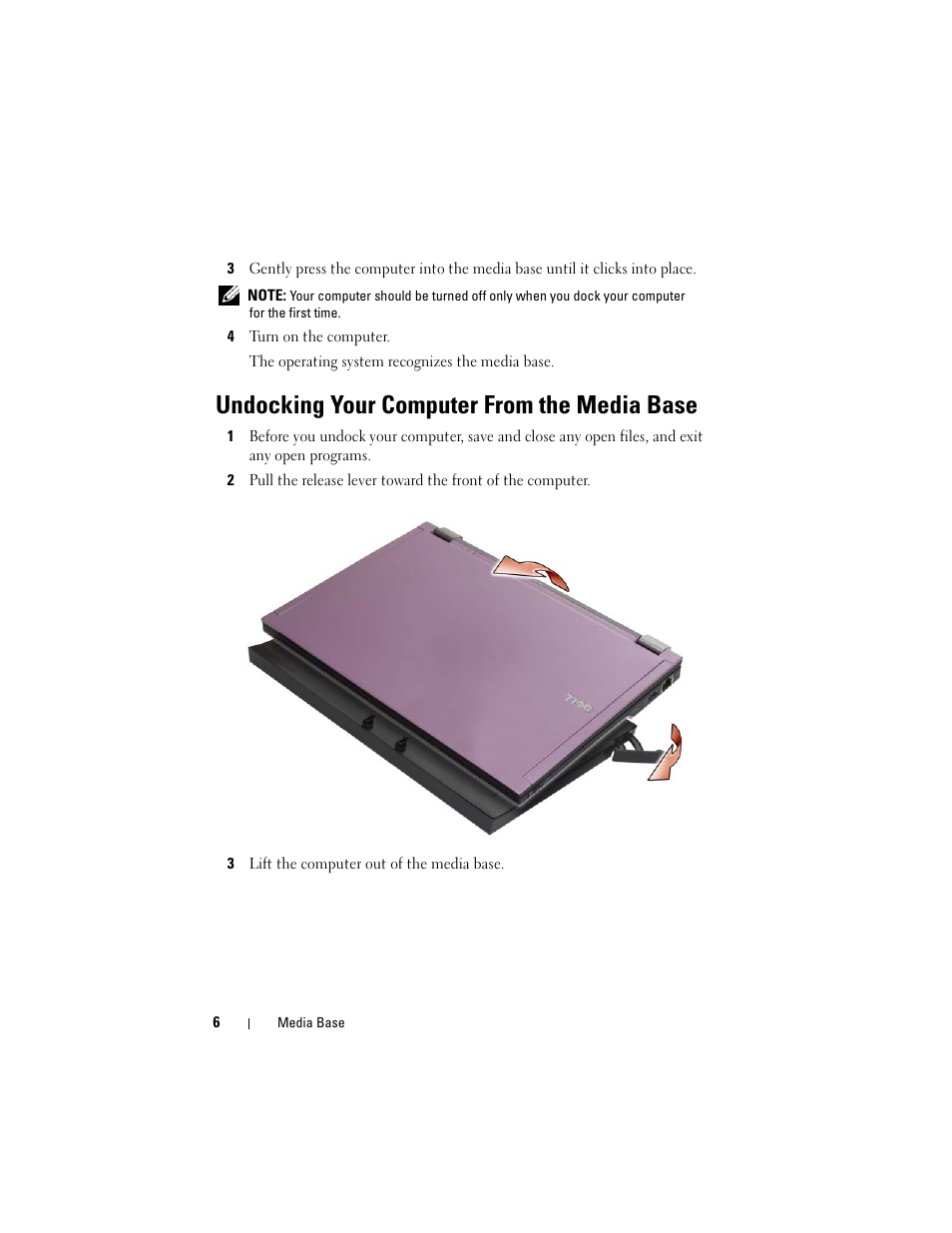 Undocking your computer from the media base | Dell Latitude E4200 (Late 2008) User Manual | Page 8 / 124