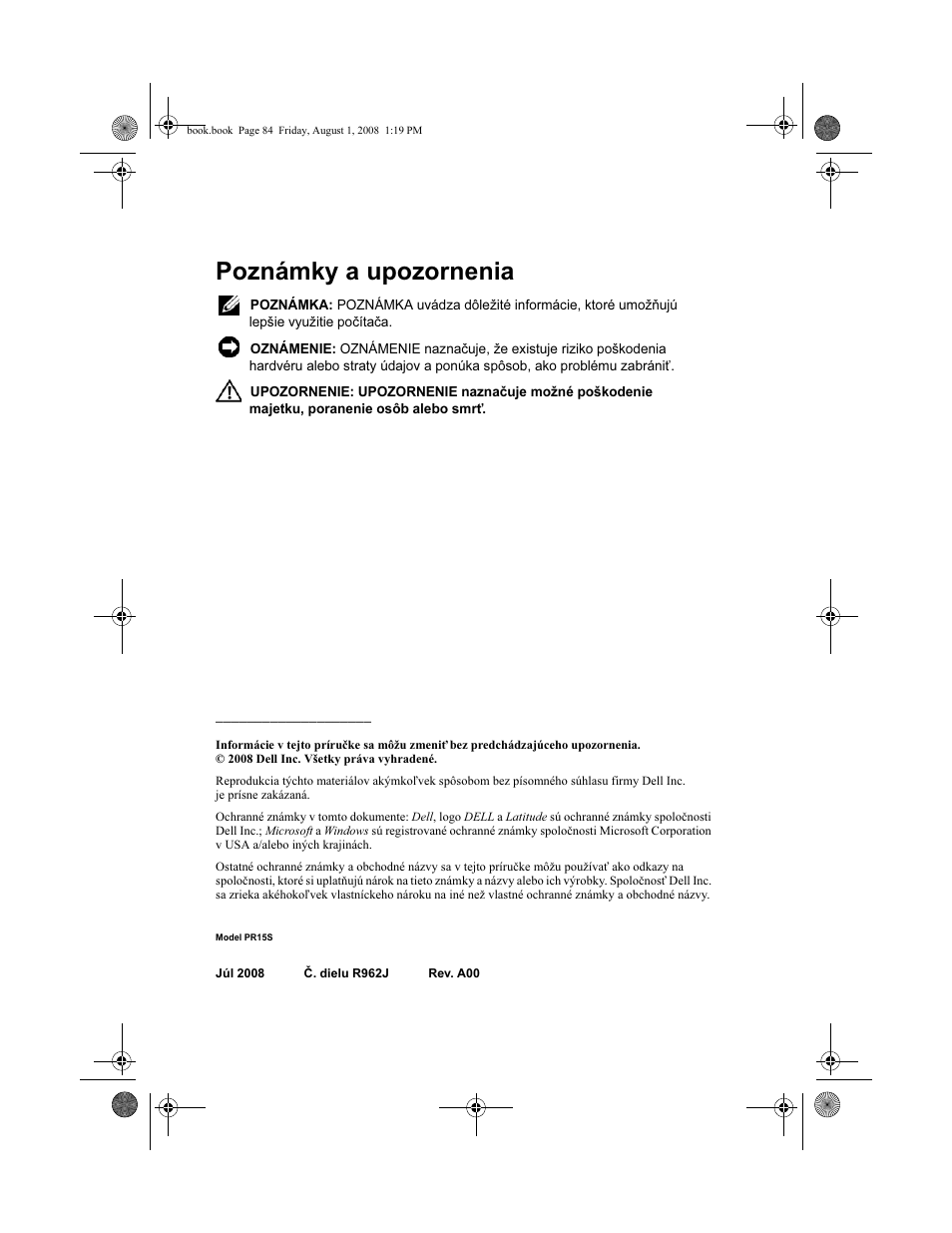 Poznámky a upozornenia | Dell Latitude E4200 (Late 2008) User Manual | Page 86 / 124