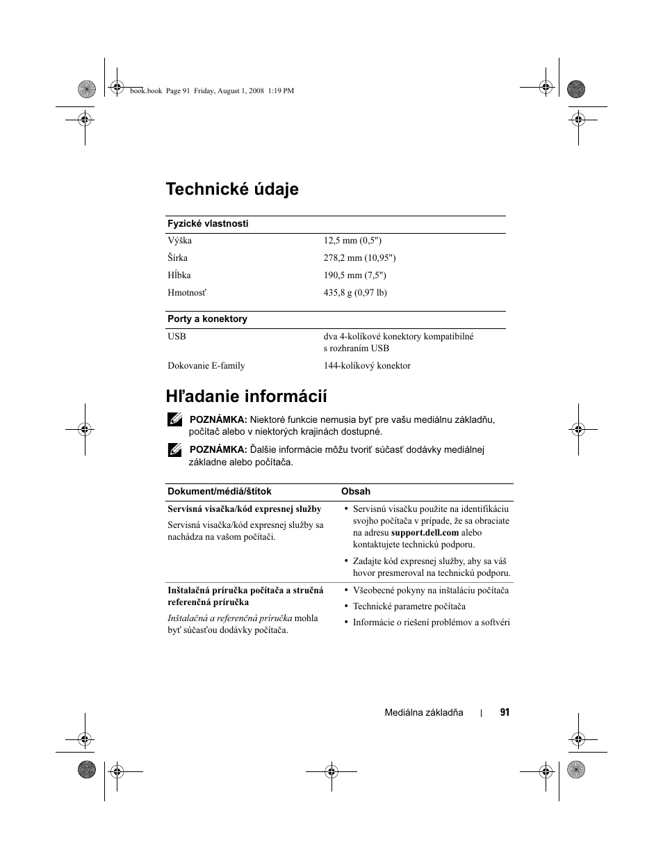 Technické údaje hľadanie informácií | Dell Latitude E4200 (Late 2008) User Manual | Page 93 / 124