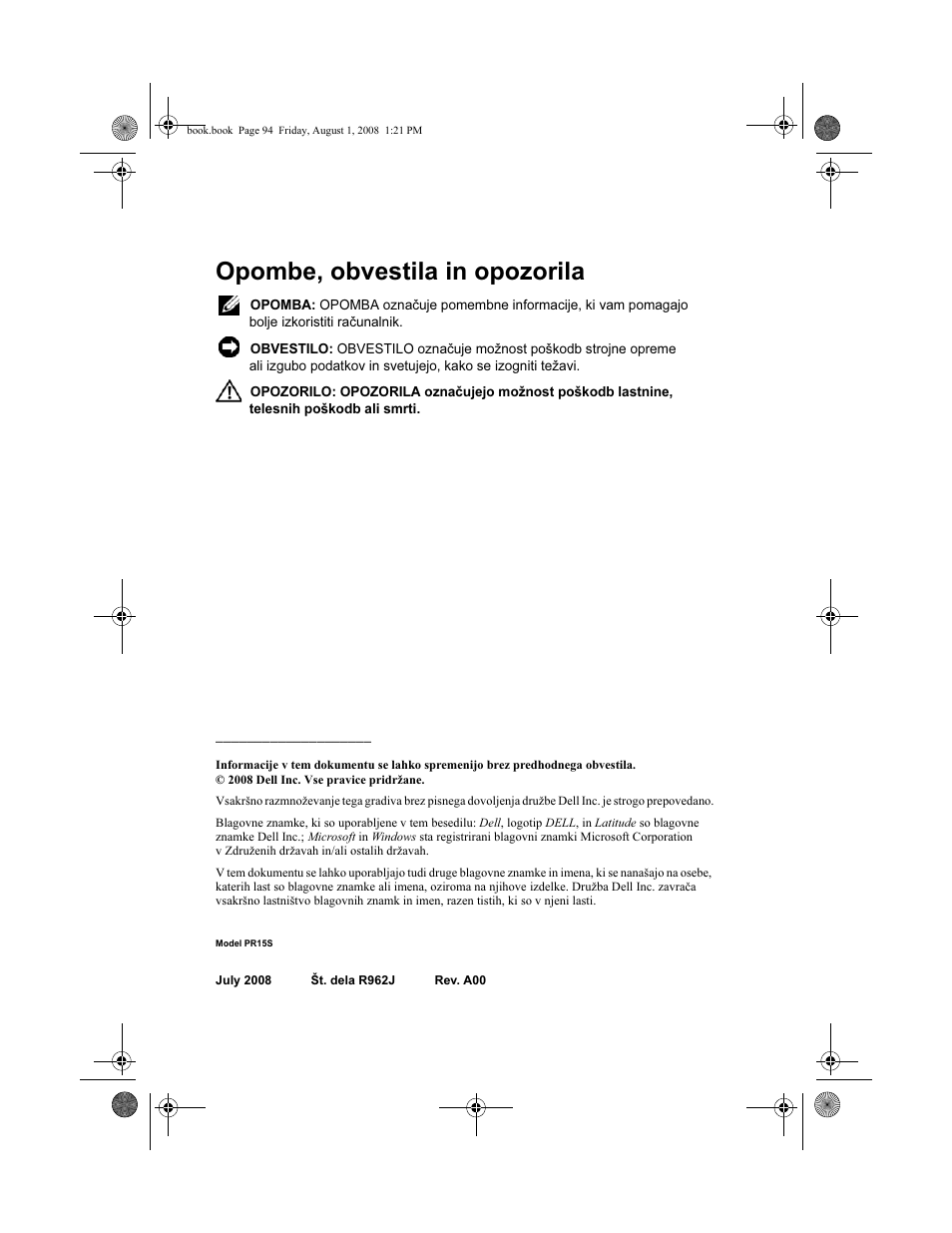 Opombe, obvestila in opozorila | Dell Latitude E4200 (Late 2008) User Manual | Page 96 / 124