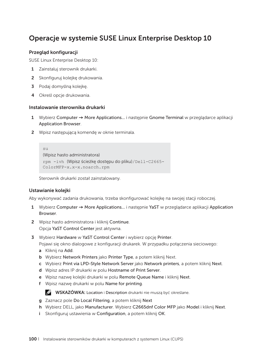 Przegląd konfiguracji, Instalowanie sterownika drukarki, Ustawianie kolejki | Dell C2665dnf Color Laser Printer User Manual | Page 100 / 564