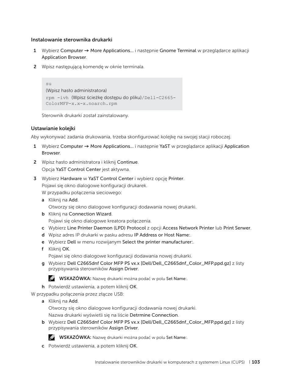 Instalowanie sterownika drukarki, Ustawianie kolejki | Dell C2665dnf Color Laser Printer User Manual | Page 103 / 564