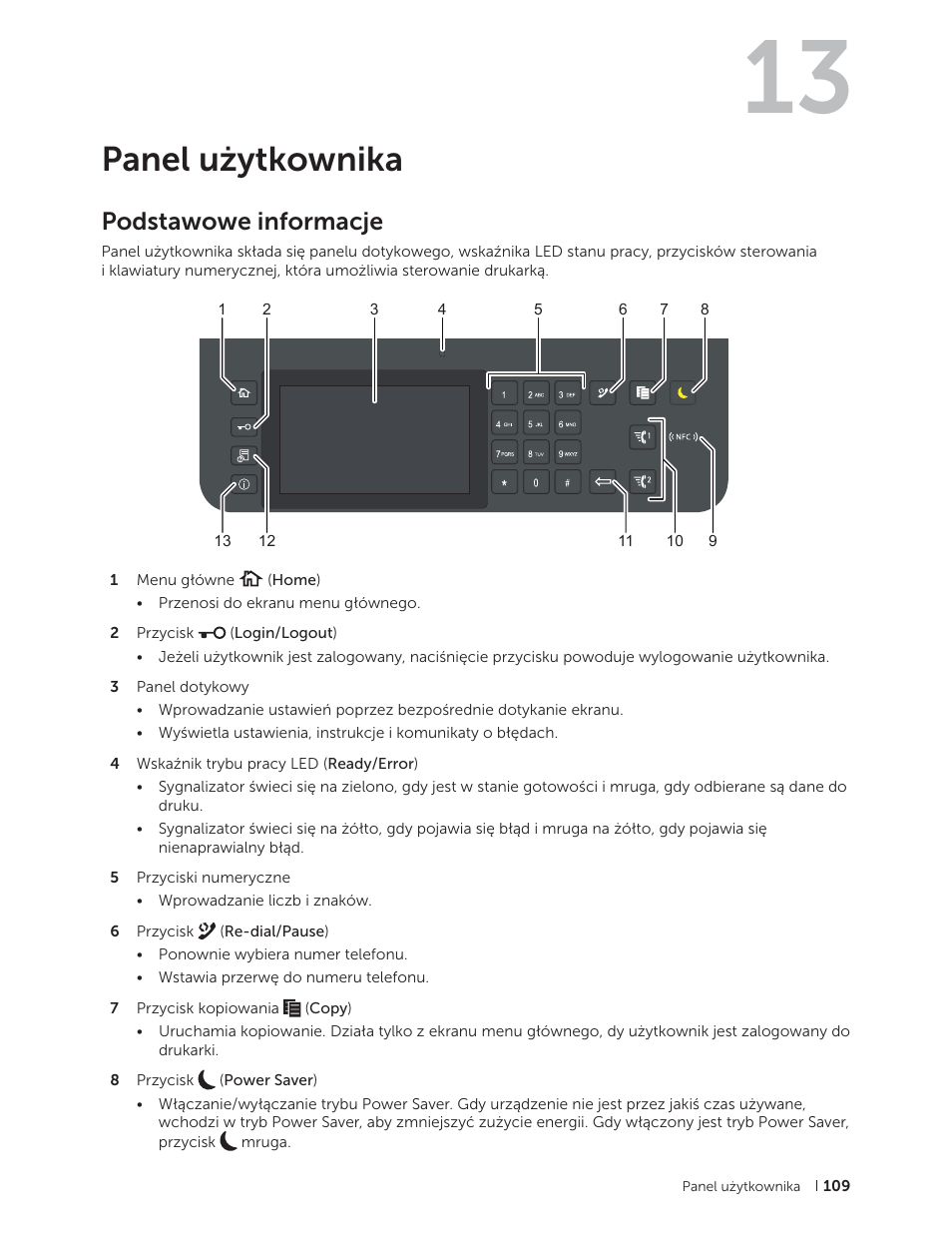 Panel użytkownika, Podstawowe informacje, 13 panel użytkownika | Dell C2665dnf Color Laser Printer User Manual | Page 109 / 564